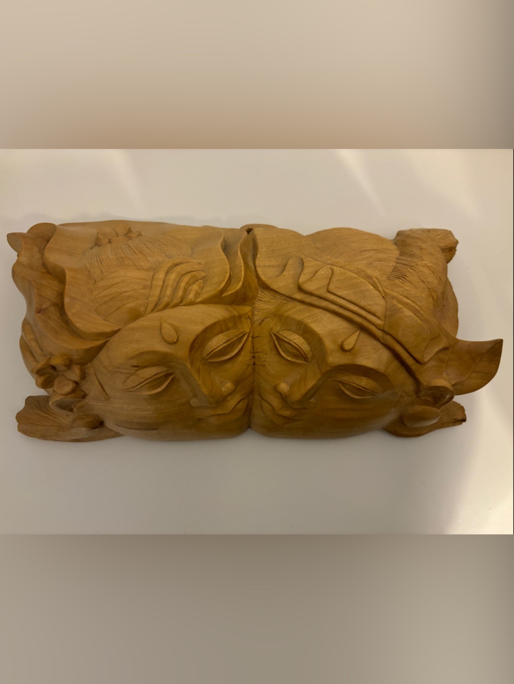 Carved Double Face Wood Wall Sculpture - Warm Honey Tone